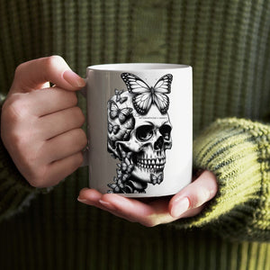 Skull with butterfly funny dark humor ceramic coffee mug