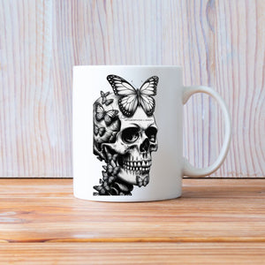 Skull with butterfly funny dark humor ceramic coffee mug