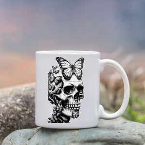 Skull with butterfly funny dark humor ceramic coffee mug