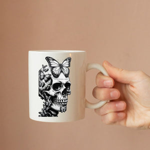 Skull with butterfly funny dark humor ceramic coffee mug