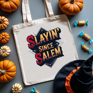 Slayin' Since Salem Halloween tote bag – cotton canvas bag with gothic witchy meme text by Memez Store