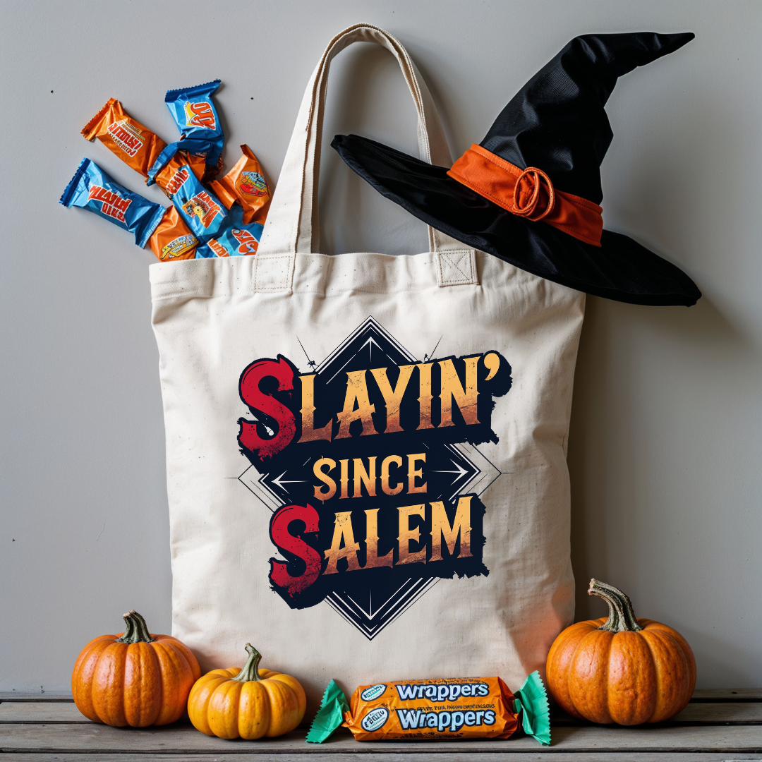 Slayin' Since Salem Halloween tote bag – cotton canvas bag with gothic witchy meme text by Memez Store