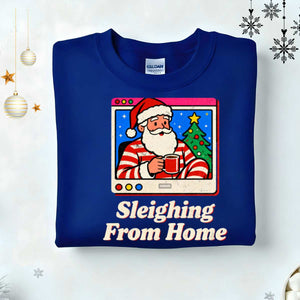 “Sleighing From Home Christmas Sweatshirt – funny work-from-home holiday meme sweatshirt, cozy unisex fleece pullover by Memez.Store.