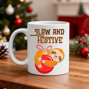 “Slow & Festive Meme Christmas Mug – funny turtle coffee mug for lazy holiday mornings by Memez.Store
