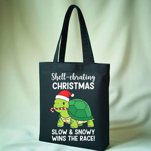 Slow & Snowy Wins The Race Tote Bag with winter pun design