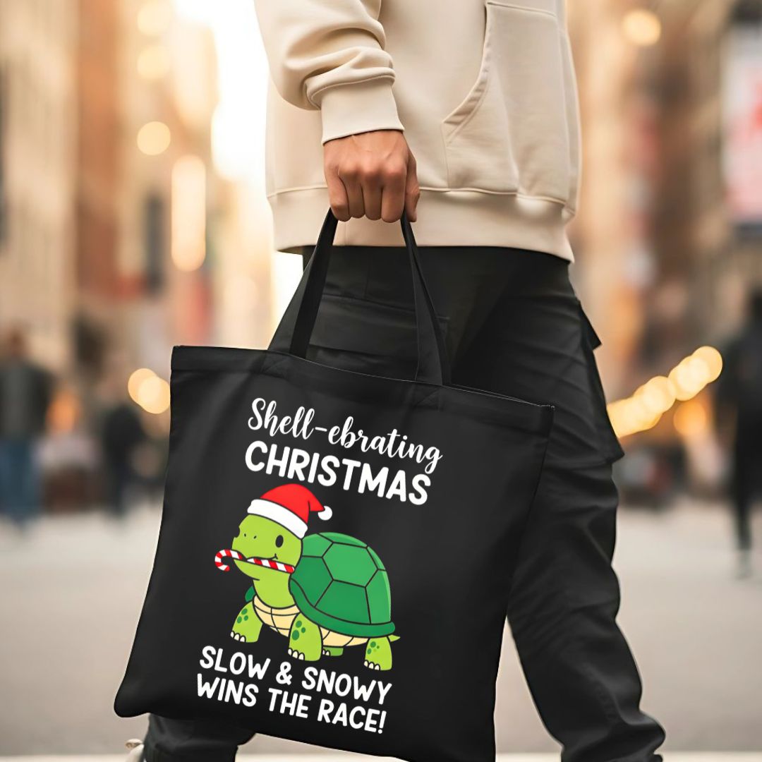 Slow & Snowy Wins The Race Tote Bag with winter pun design