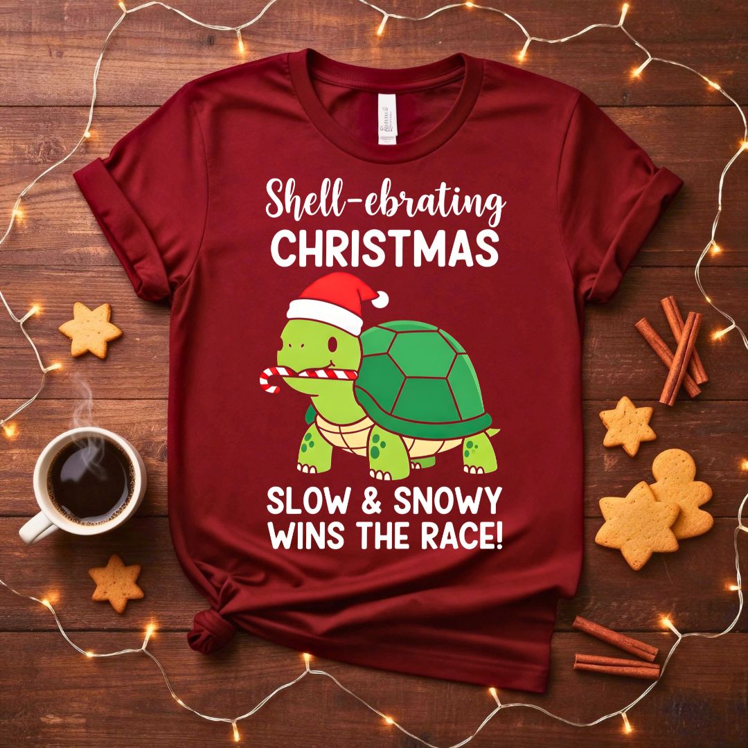 Slow and Snowy Wins The Race cozy winter tortoise t-shirt