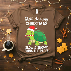 Slow and Snowy Wins The Race cozy winter tortoise t-shirt