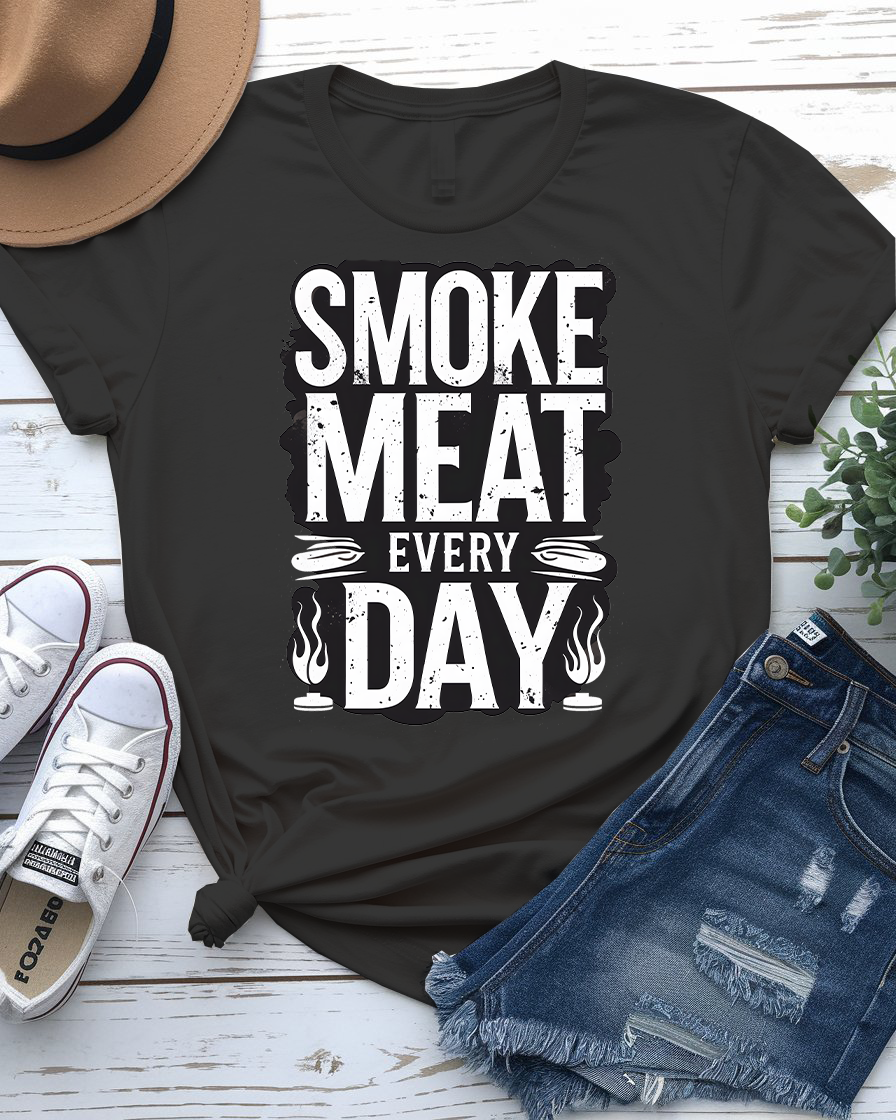 Smoke Meat Everyday Funny BBQ Meme Tee – Unisex grilling humor t-shirt with bold white text from Memez Store