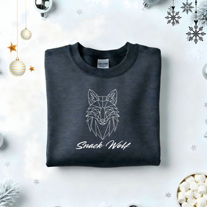 Snack Wolf Typographical Embroidered Sweatshirt – funny snack lover sweatshirt with minimalist embroidered text, soft unisex fleece pullover from Memez.Store, perfect for midnight snackers and food enthusiasts.