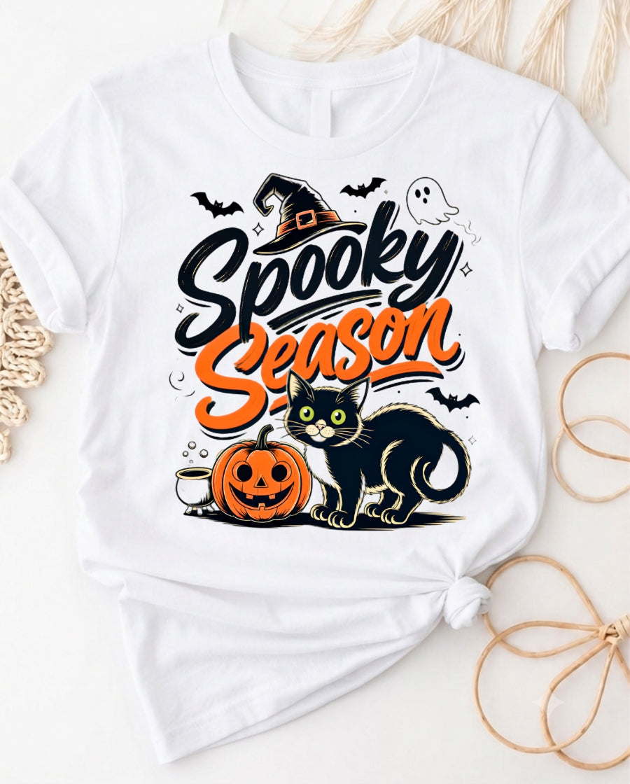 Spooky season halloween t-shirt with black cat pumpkin and witch hat graphic