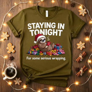 “Staying In Tonight Christmas Meme Funny Tee – funny introvert Christmas t-shirt for cozy holidays.”