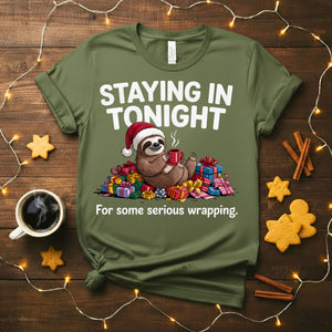 “Staying In Tonight Christmas Meme Funny Tee – funny introvert Christmas t-shirt for cozy holidays.”