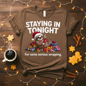 “Staying In Tonight Christmas Meme Funny Tee – funny introvert Christmas t-shirt for cozy holidays.”
