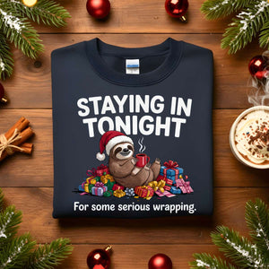 Staying Tonight Raccoon sweatshirt, funny raccoon meme cozy sweatshirt, introvert Christmas meme sweatshirt, staying in funny animal sweatshirt 2025, lazy raccoon meme apparel unisex