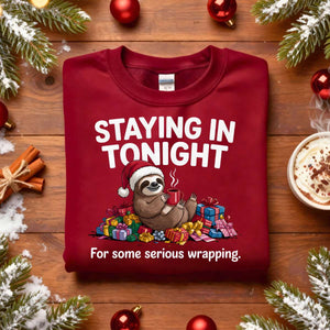Staying Tonight Raccoon sweatshirt, funny raccoon meme cozy sweatshirt, introvert Christmas meme sweatshirt, staying in funny animal sweatshirt 2025, lazy raccoon meme apparel unisex