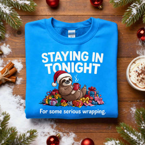 Staying Tonight Raccoon sweatshirt, funny raccoon meme cozy sweatshirt, introvert Christmas meme sweatshirt, staying in funny animal sweatshirt 2025, lazy raccoon meme apparel unisex