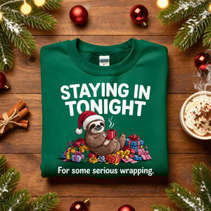 Staying Tonight Raccoon sweatshirt, funny raccoon meme cozy sweatshirt, introvert Christmas meme sweatshirt, staying in funny animal sweatshirt 2025, lazy raccoon meme apparel unisex