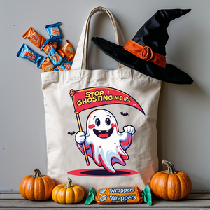 Stop Ghosting Me funny Halloween tote bag with ghost artwork – meme-style cotton canvas tote by Memez Store