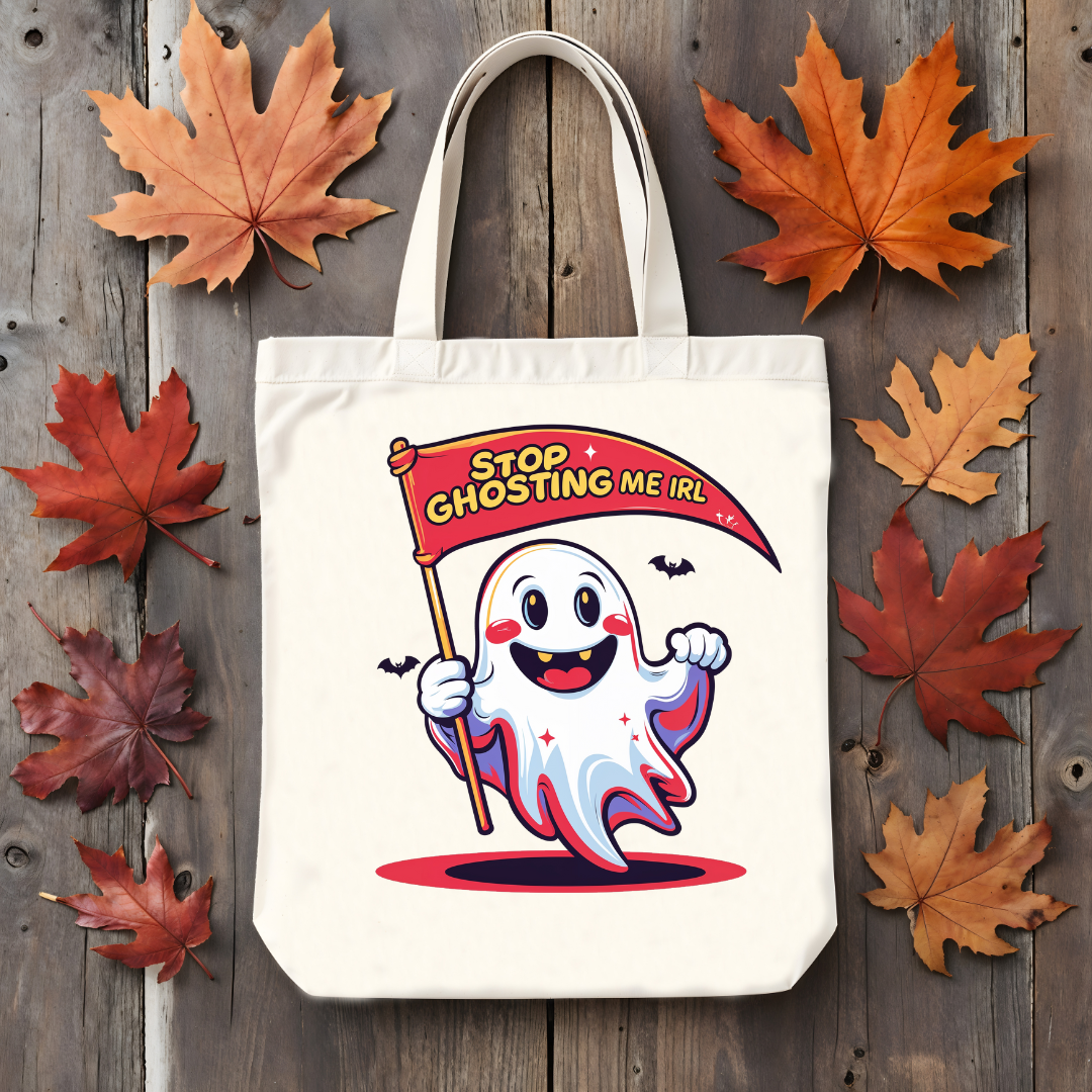 Stop Ghosting Me funny Halloween tote bag with ghost artwork – meme-style cotton canvas tote by Memez Store