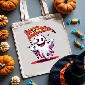 Stop Ghosting Me funny Halloween tote bag with ghost artwork – meme-style cotton canvas tote by Memez Store
