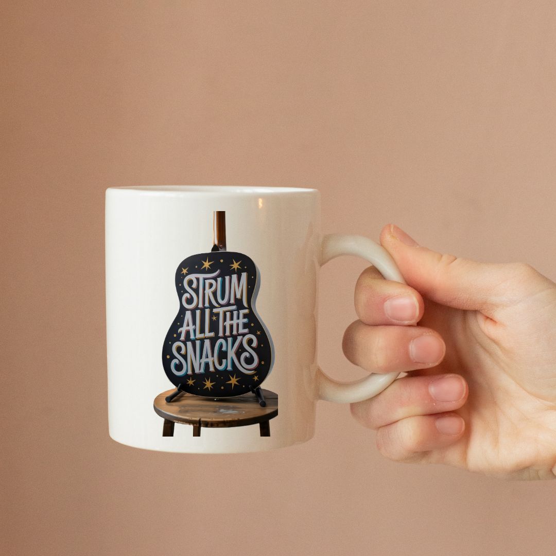 Strum All The Snacks funny food meme ceramic mug