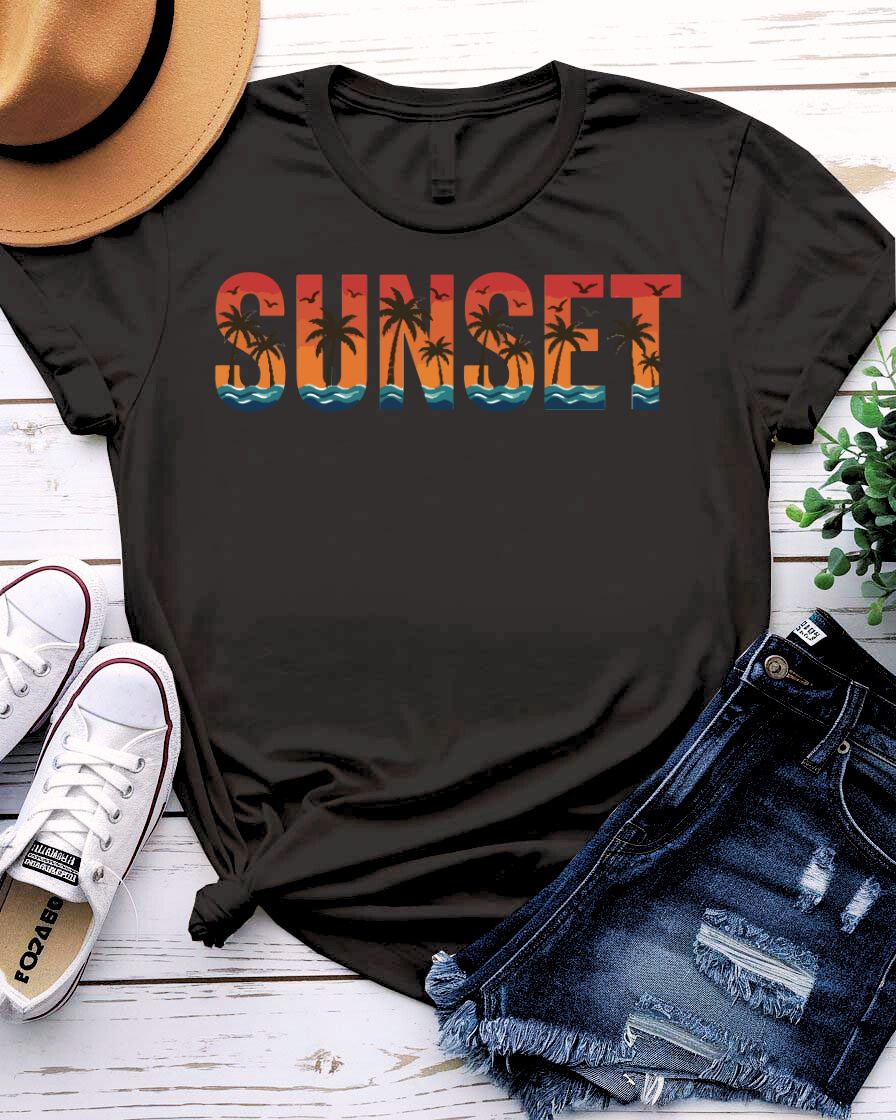 Sunset design tee orange pink sky with palm tree silhouettes