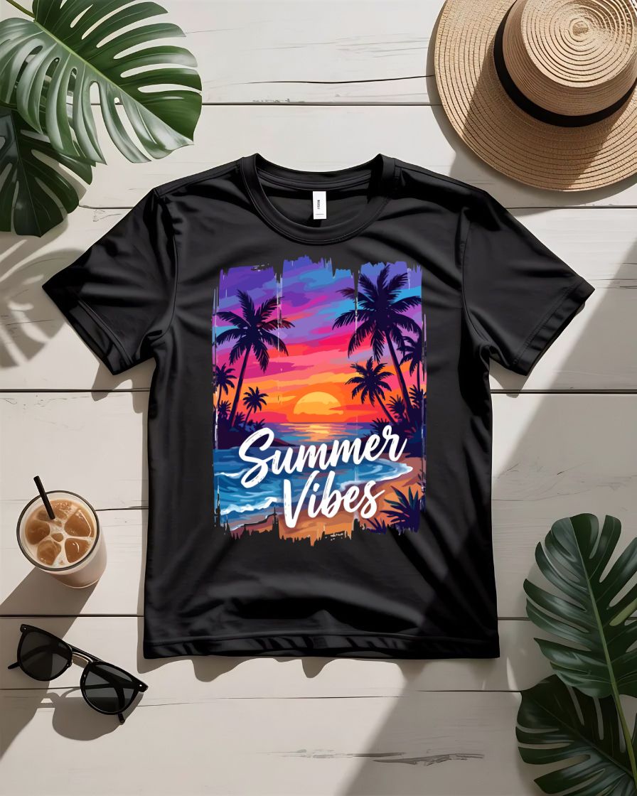 Sunset summer vibes tee orange pink sky with palm trees