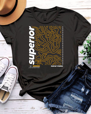 Superior Streetwear Tee with crown floating above mountain peak on model
