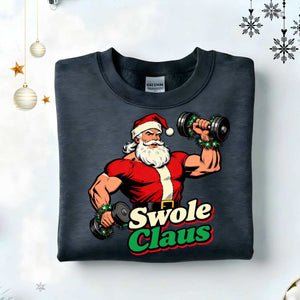 Swole Claus Gym Christmas Sweatshirt – funny fitness Santa lifting weights holiday meme sweatshirt by Memez.Store.