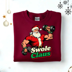 Swole Claus Gym Christmas Sweatshirt – funny fitness Santa lifting weights holiday meme sweatshirt by Memez.Store.