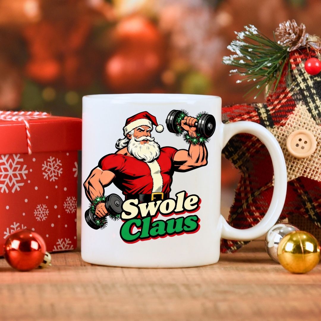 Swole Clause Mug – funny gym Christmas coffee mug with muscular Santa flexing, available in 11oz and 15oz sizes by Memez.Store.”