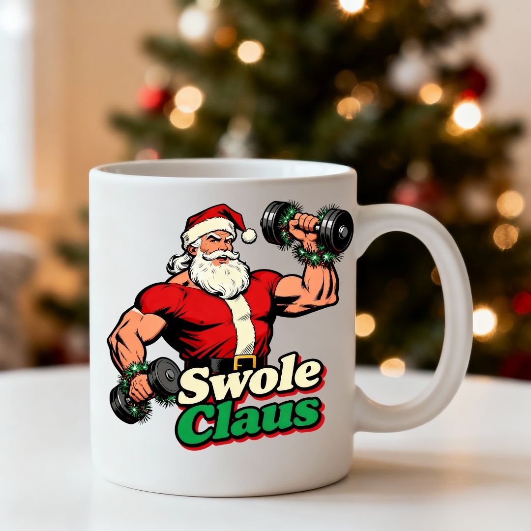 Swole Clause Mug – funny gym Christmas coffee mug with muscular Santa flexing, available in 11oz and 15oz sizes by Memez.Store.”
