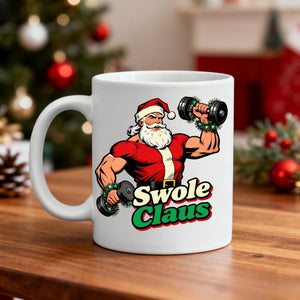 Swole Clause Mug โ funny gym Christmas coffee mug with muscular Santa flexing, available in 11oz and 15oz sizes by Memez.Store.โ