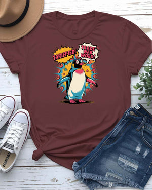 Terrified cartoon penguin meme tee flatlay