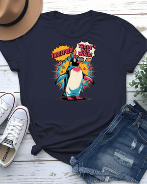 Terrified cartoon penguin meme tee flatlay