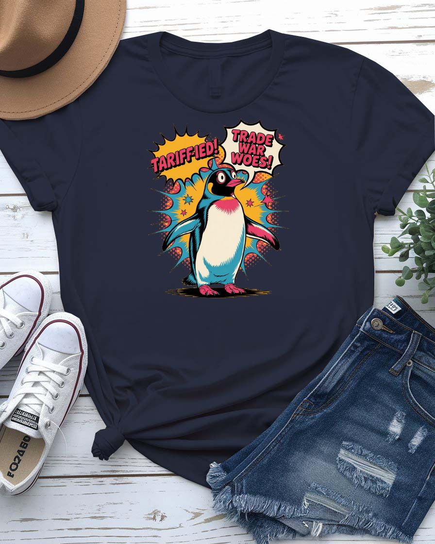 Terrified cartoon penguin meme tee flatlay