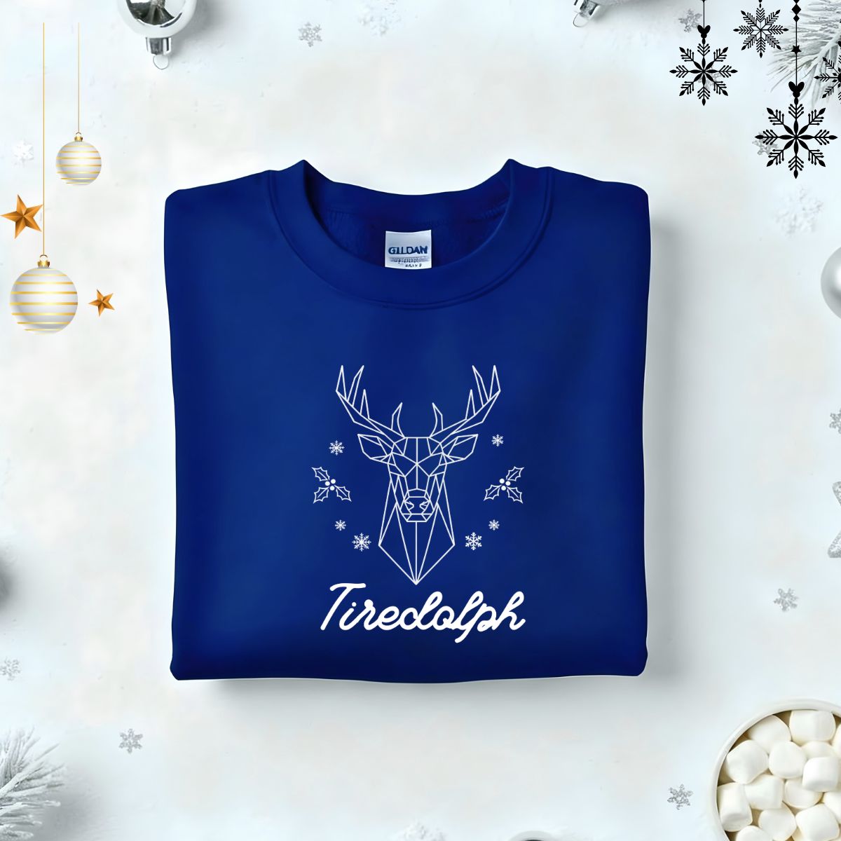 Tiredolph Typographical Embroidered Sweatshirt – funny holiday sweatshirt with minimalist embroidered text, soft unisex fleece pullover from Memez.Store, perfect for tired vibes and festive sarcasm.