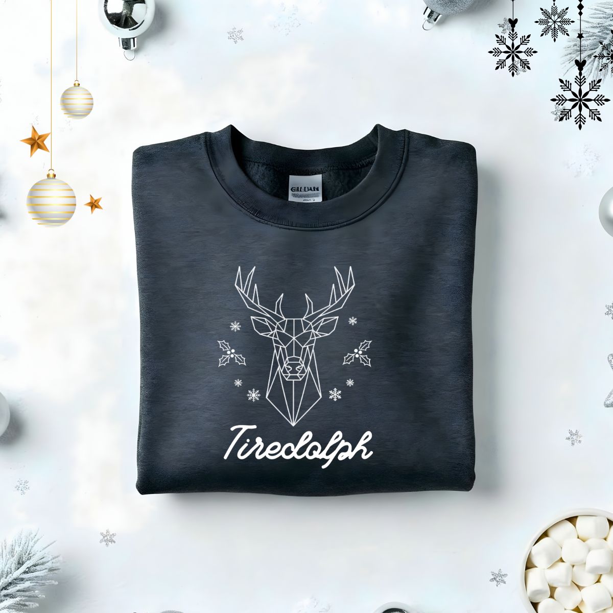 Tiredolph Typographical Embroidered Sweatshirt – funny holiday sweatshirt with minimalist embroidered text, soft unisex fleece pullover from Memez.Store, perfect for tired vibes and festive sarcasm.