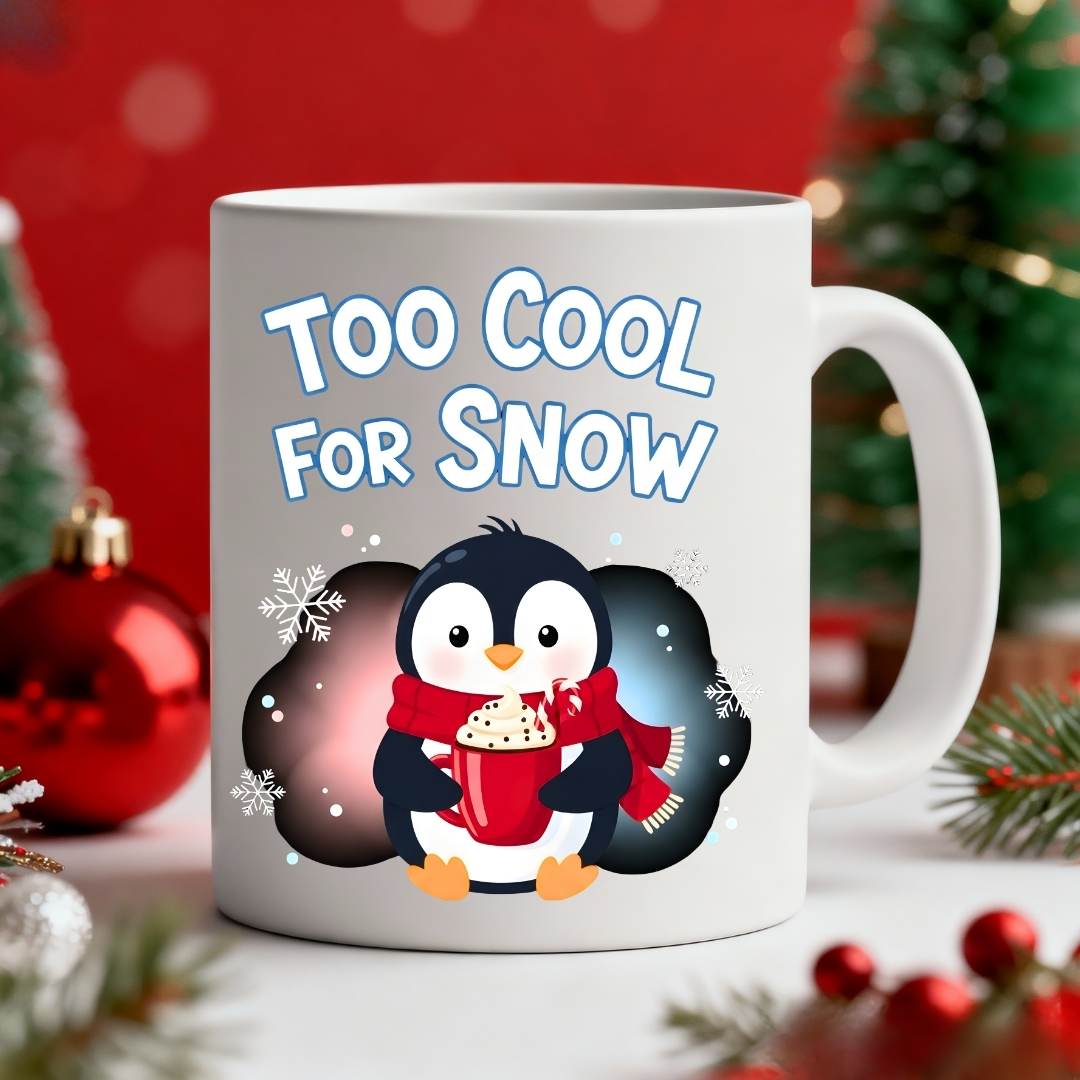 βToo Cool For Snow Ceramic Mug β funny winter meme coffee mug with cool design, holiday humor mug, 11oz or 15oz ceramic by Memez.Store.β