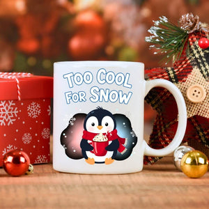 “Too Cool For Snow Ceramic Mug – funny winter meme coffee mug with cool design, holiday humor mug, 11oz or 15oz ceramic by Memez.Store.”