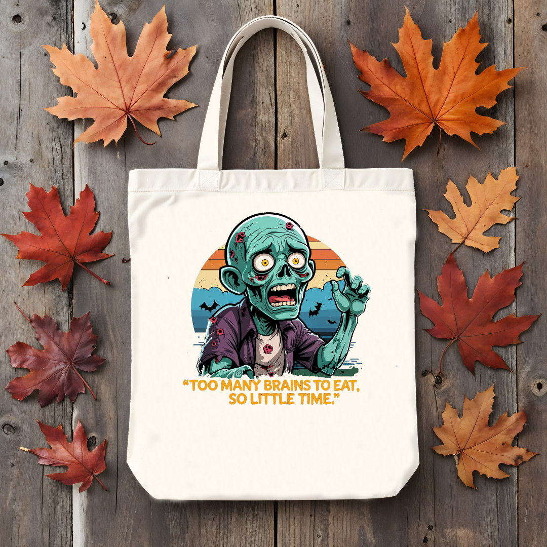 “Too Many Brains to Eat Halloween tote bag with cartoon brain design”