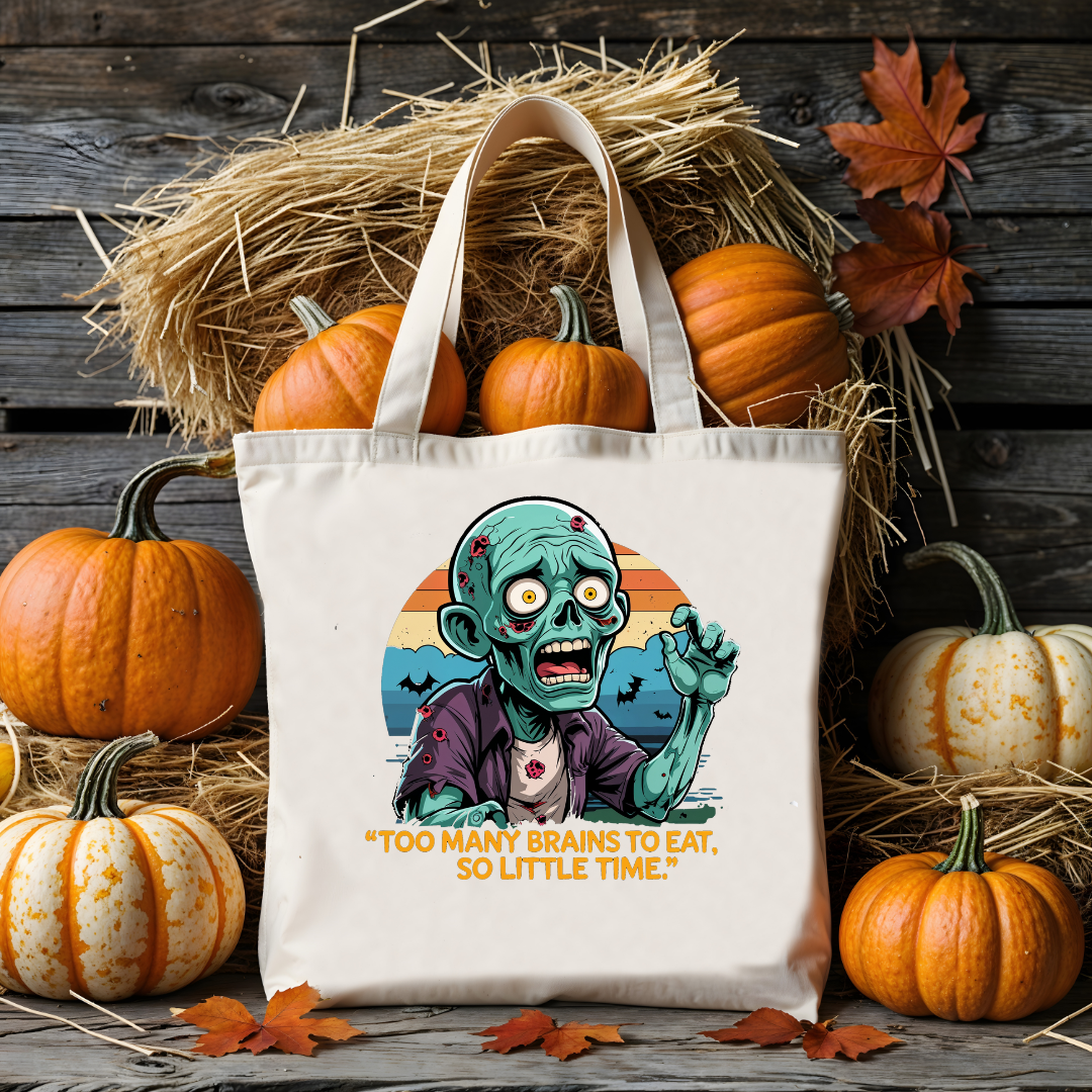 “Too Many Brains to Eat Halloween tote bag with cartoon brain design”
