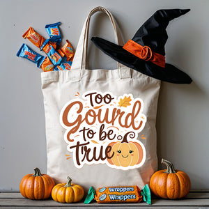 "Eco-friendly trick or treat tote bag with funny fall pun