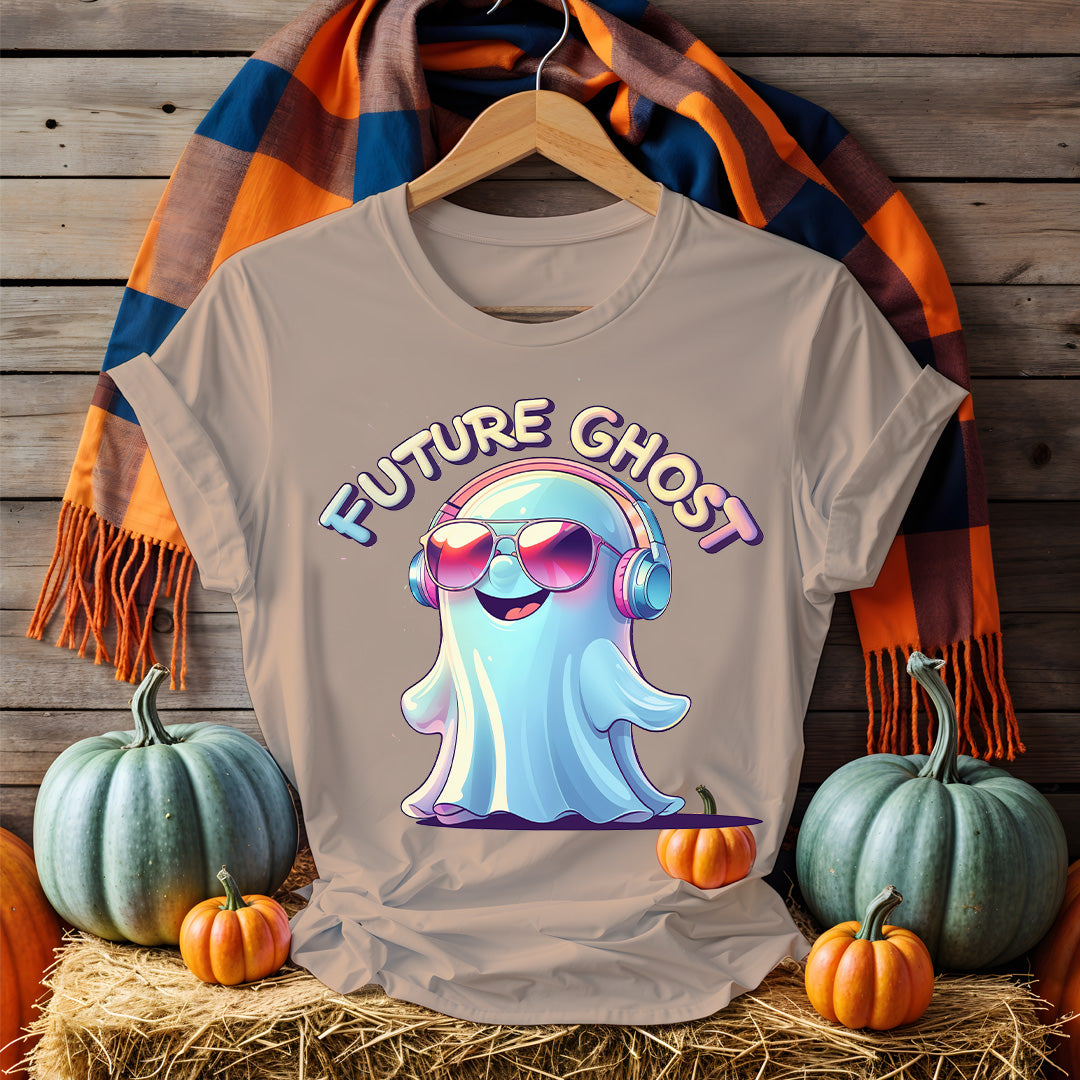 Unisex Halloween T-shirt with “Future Ghost” typography, styled with ghostly elements and blackwhite color palette – Memez Store funny apparel