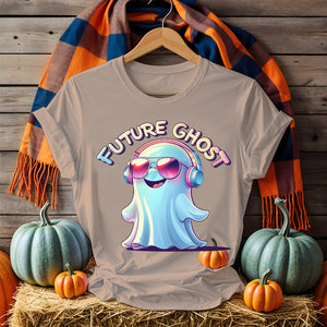 Unisex Halloween T-shirt with “Future Ghost” typography, styled with ghostly elements and blackwhite color palette – Memez Store funny apparel