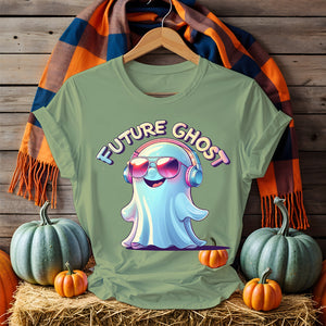 Unisex Halloween T-shirt with “Future Ghost” typography, styled with ghostly elements and blackwhite color palette – Memez Store funny apparel