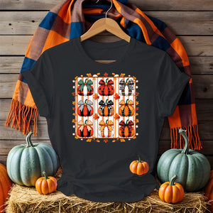 Unisex Halloween t-shirt with funny spooky meme text, printed on black and orange cotton shirt featuring pumpkins, ghosts, and bats