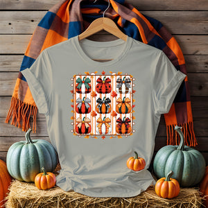 Unisex Halloween t-shirt with funny spooky meme text, printed on black and orange cotton shirt featuring pumpkins, ghosts, and bats