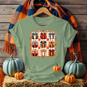 Unisex Halloween t-shirt with funny spooky meme text, printed on black and orange cotton shirt featuring pumpkins, ghosts, and bats